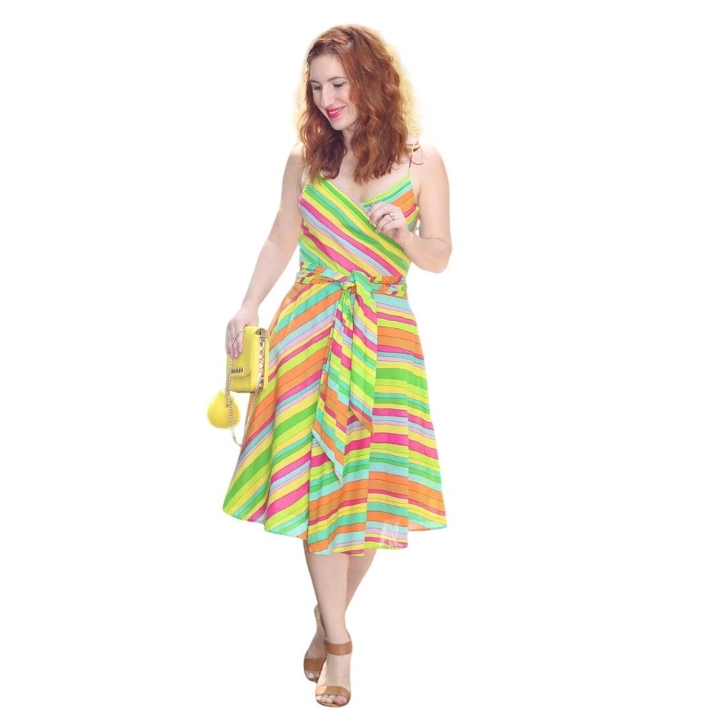 Marc Jacobs Multi Color Diagonal Stripe Midi Dress Pink Green Yellow Size 8